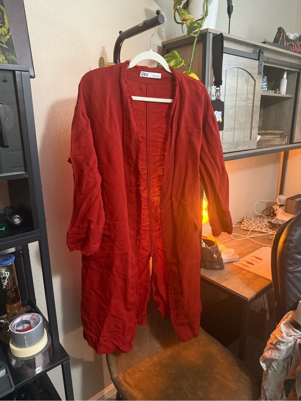 Zara Crimson Open-Front Long Cardigan